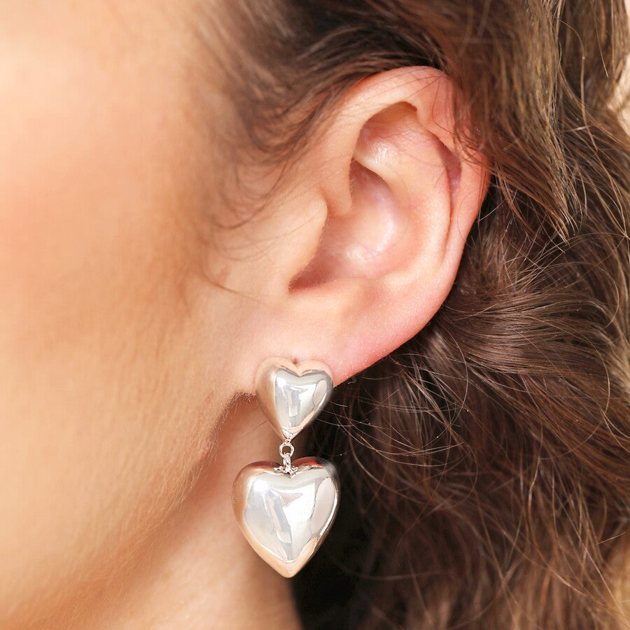 Sterling Silver Chunky Double Heart Drop Earrings