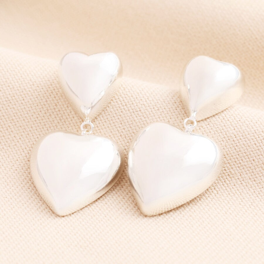 Sterling Silver Chunky Double Heart Drop Earrings