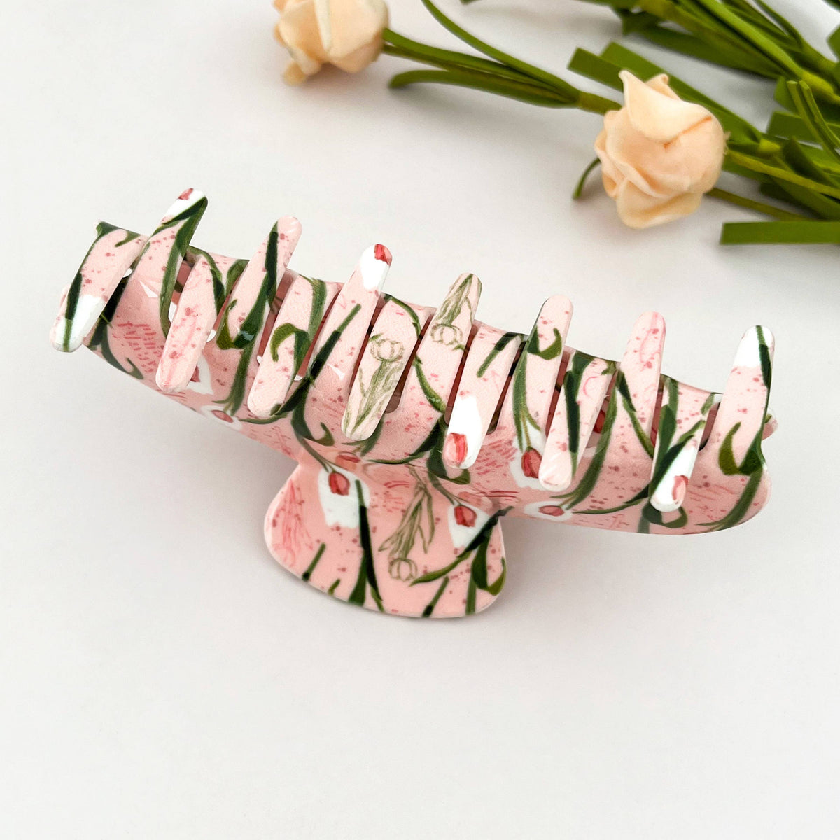Pink Tulip Print Hair Claw Clip