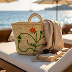 Floral Embroidered Straw Market Basket