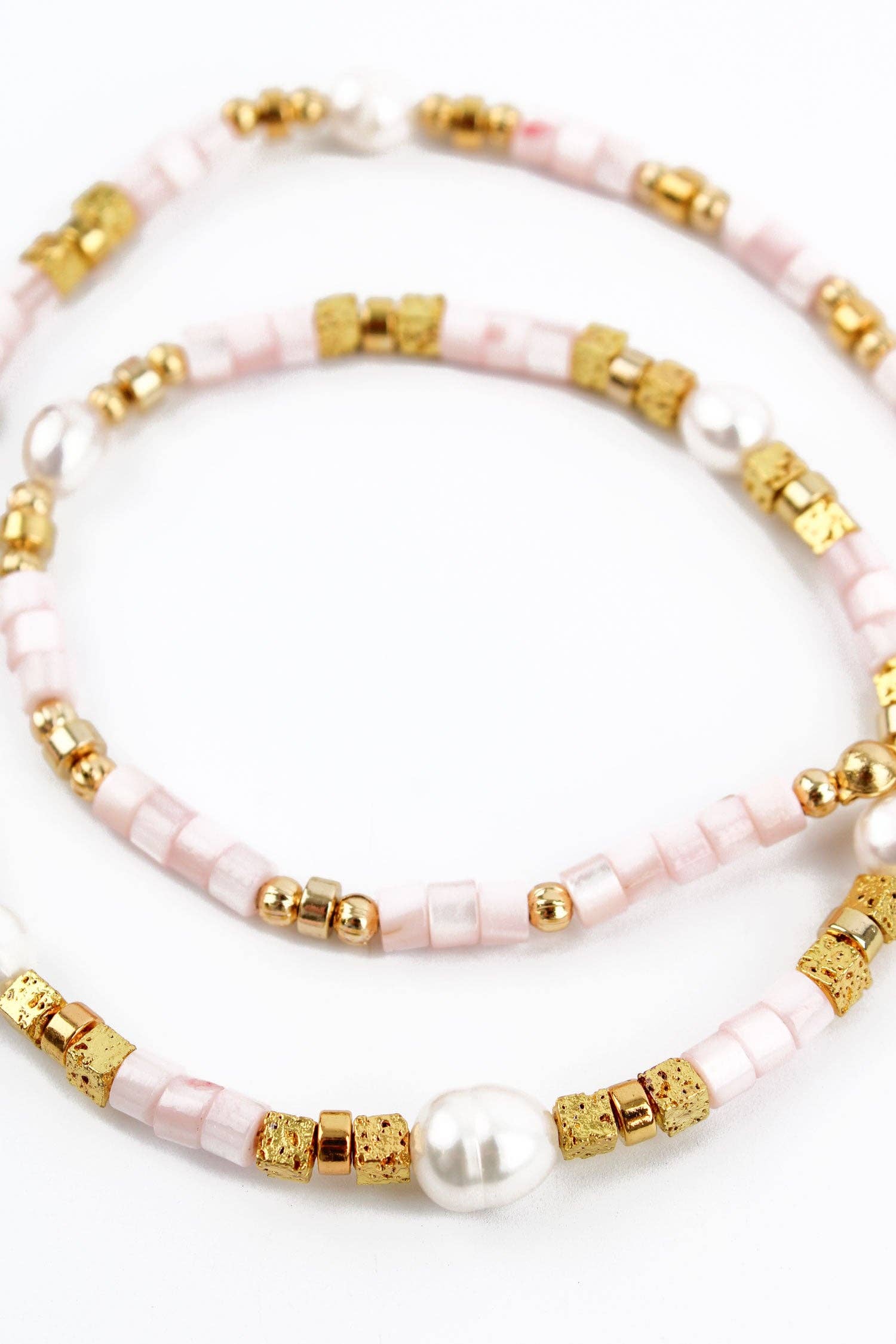 Pink Beaded Cube Gold Pearl Necklace