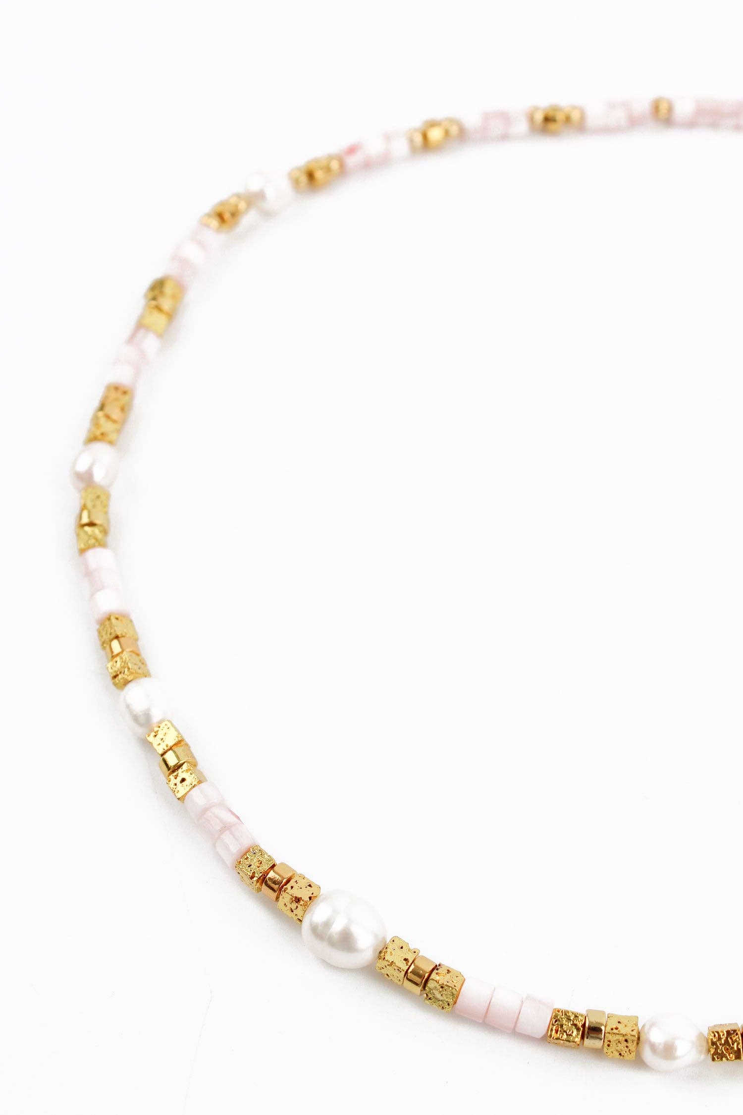 Pink Beaded Cube Gold Pearl Necklace