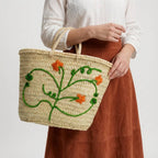 Floral Embroidered Straw Market Basket