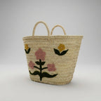 Floral Embroidered Straw Market Basket
