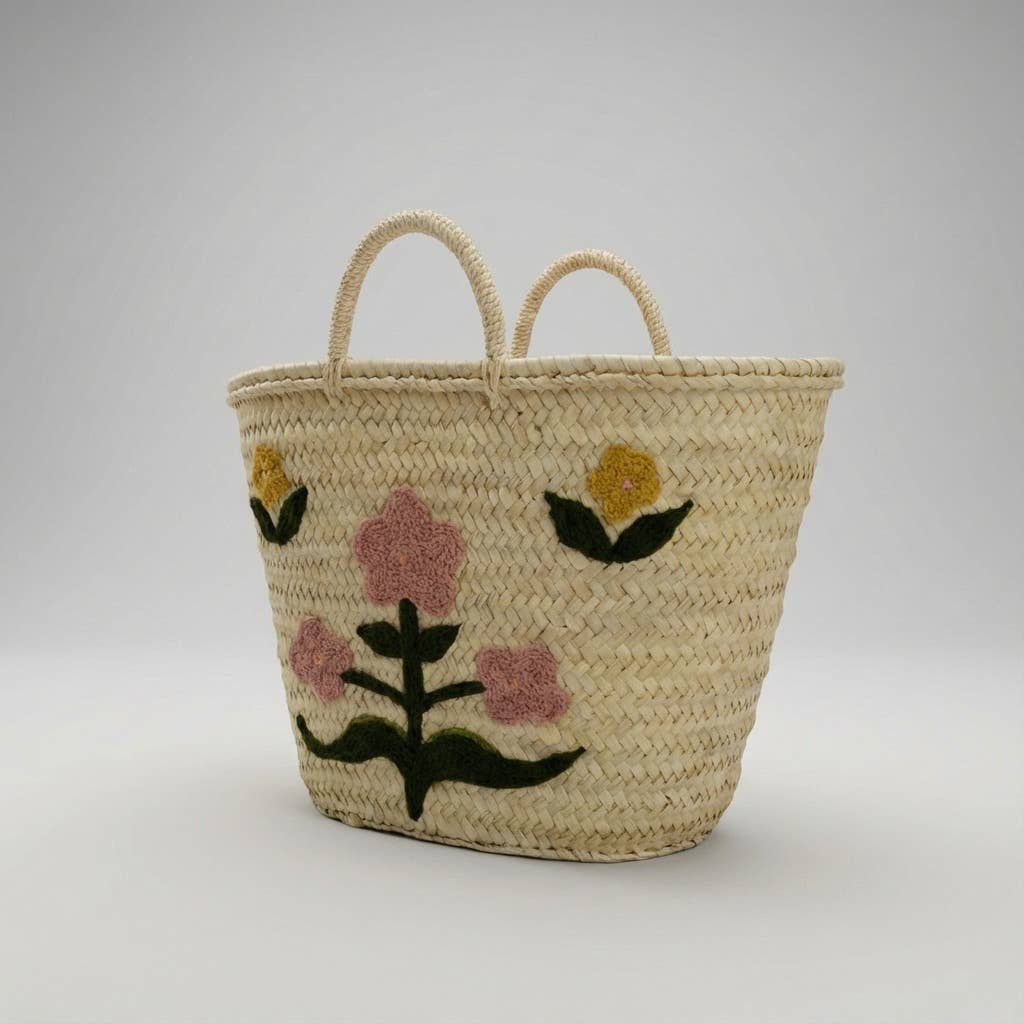 Floral Embroidered Straw Market Basket