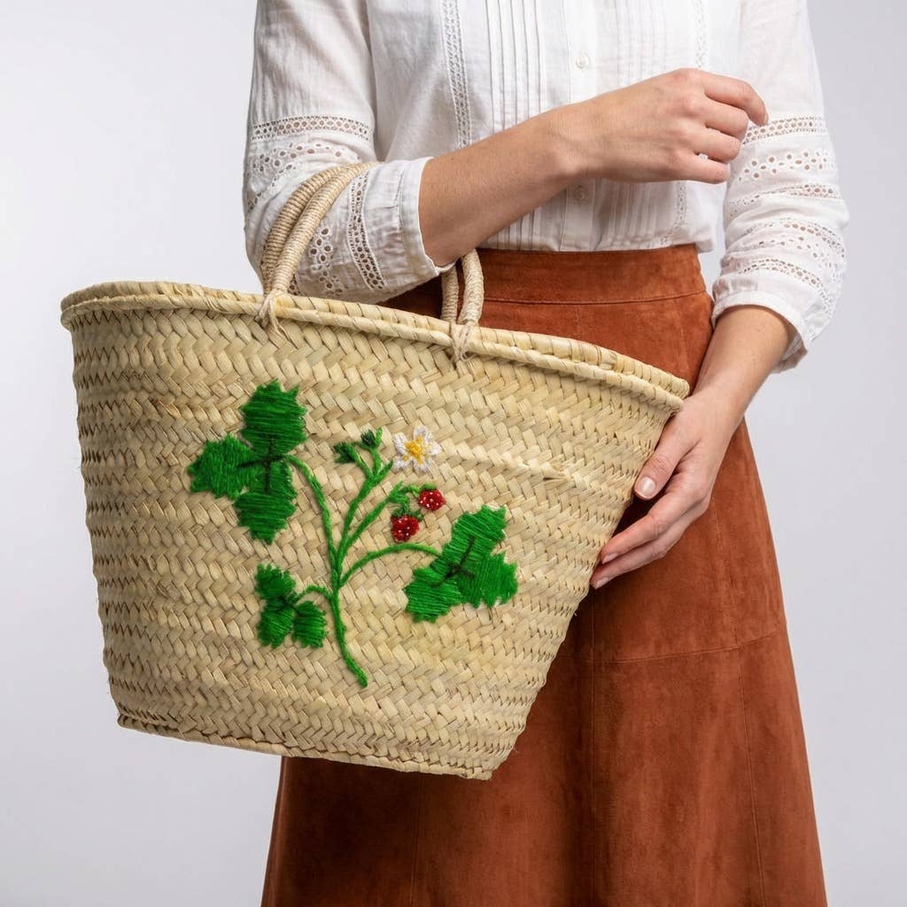 Strawberry Embroidered Market Basket