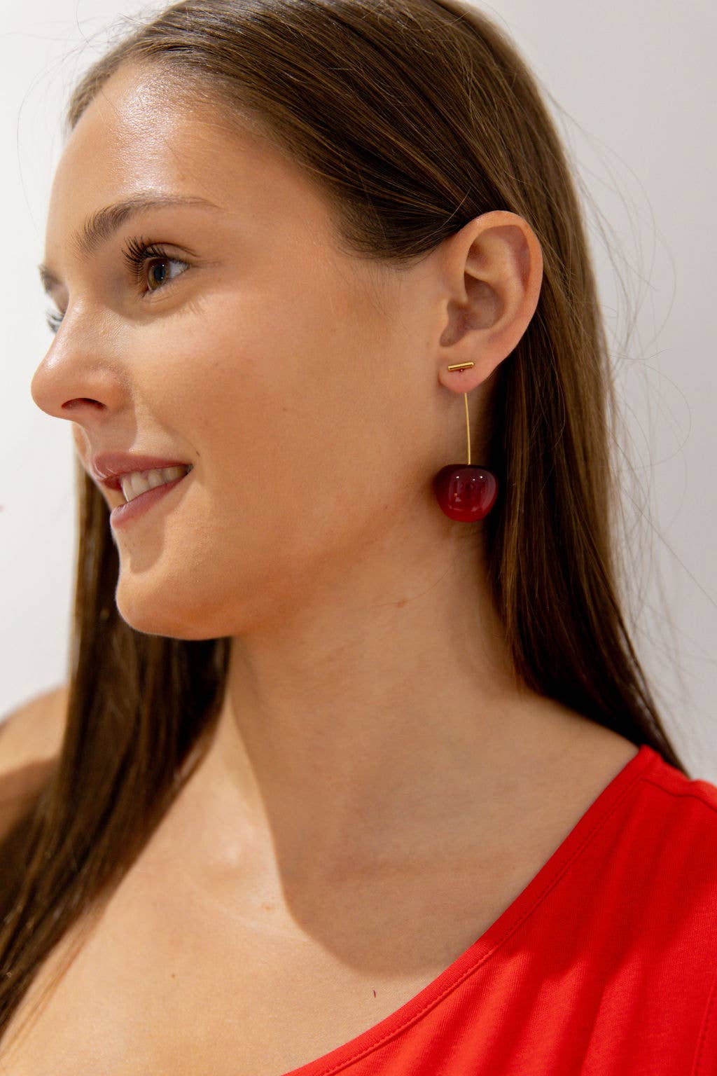 Thread Through Cherry Drop Earring in Dark Red