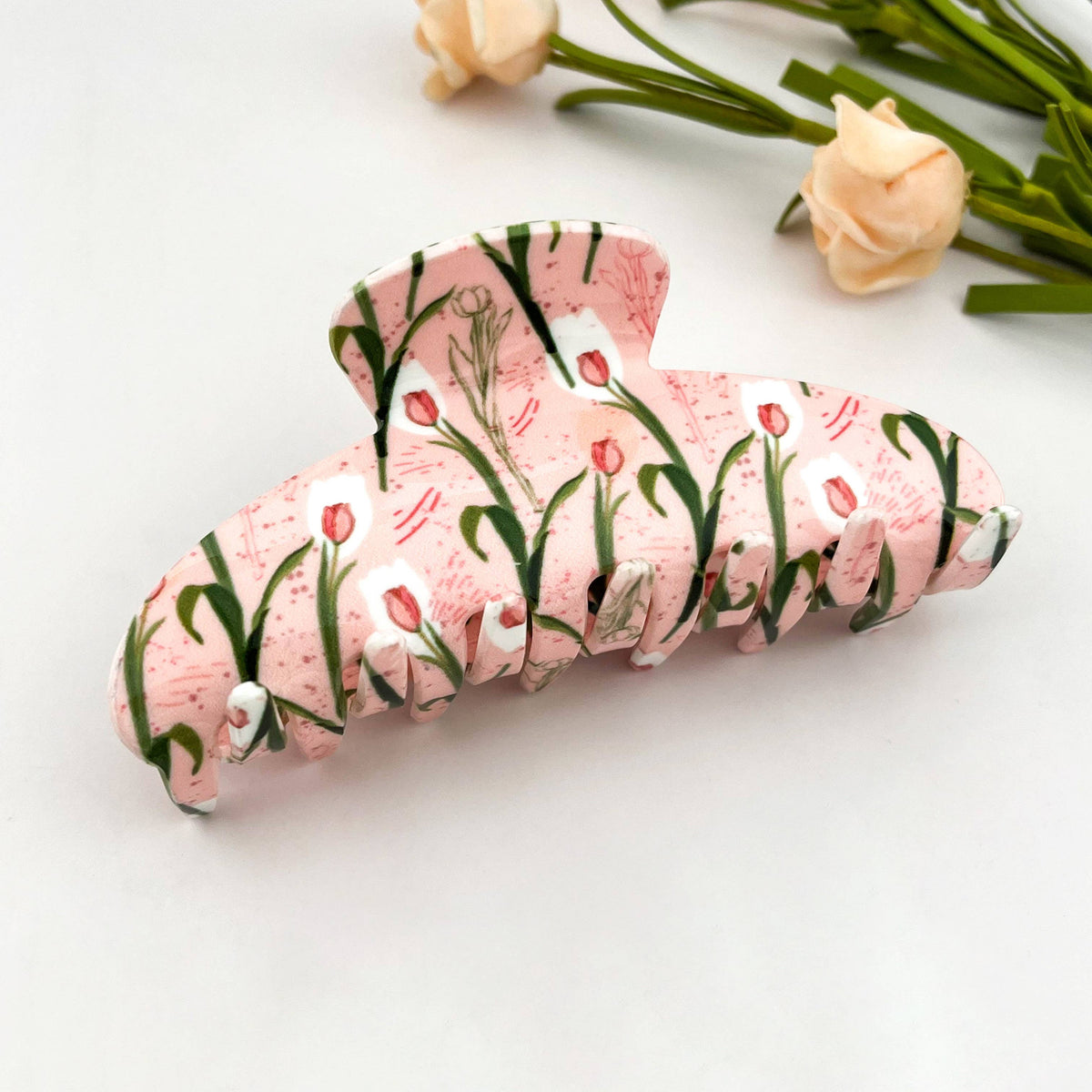 Pink Tulip Print Hair Claw Clip