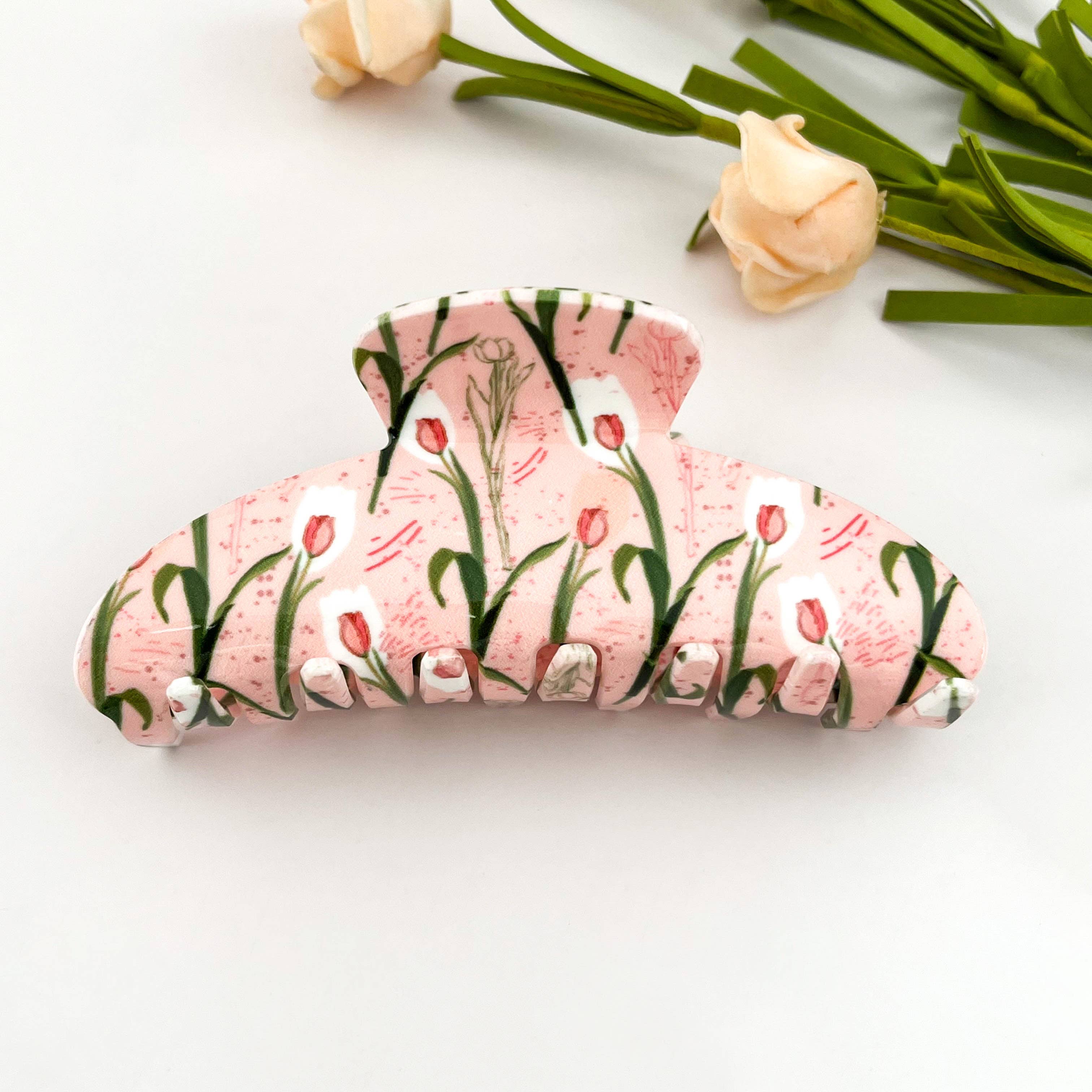 Pink Tulip Print Hair Claw Clip
