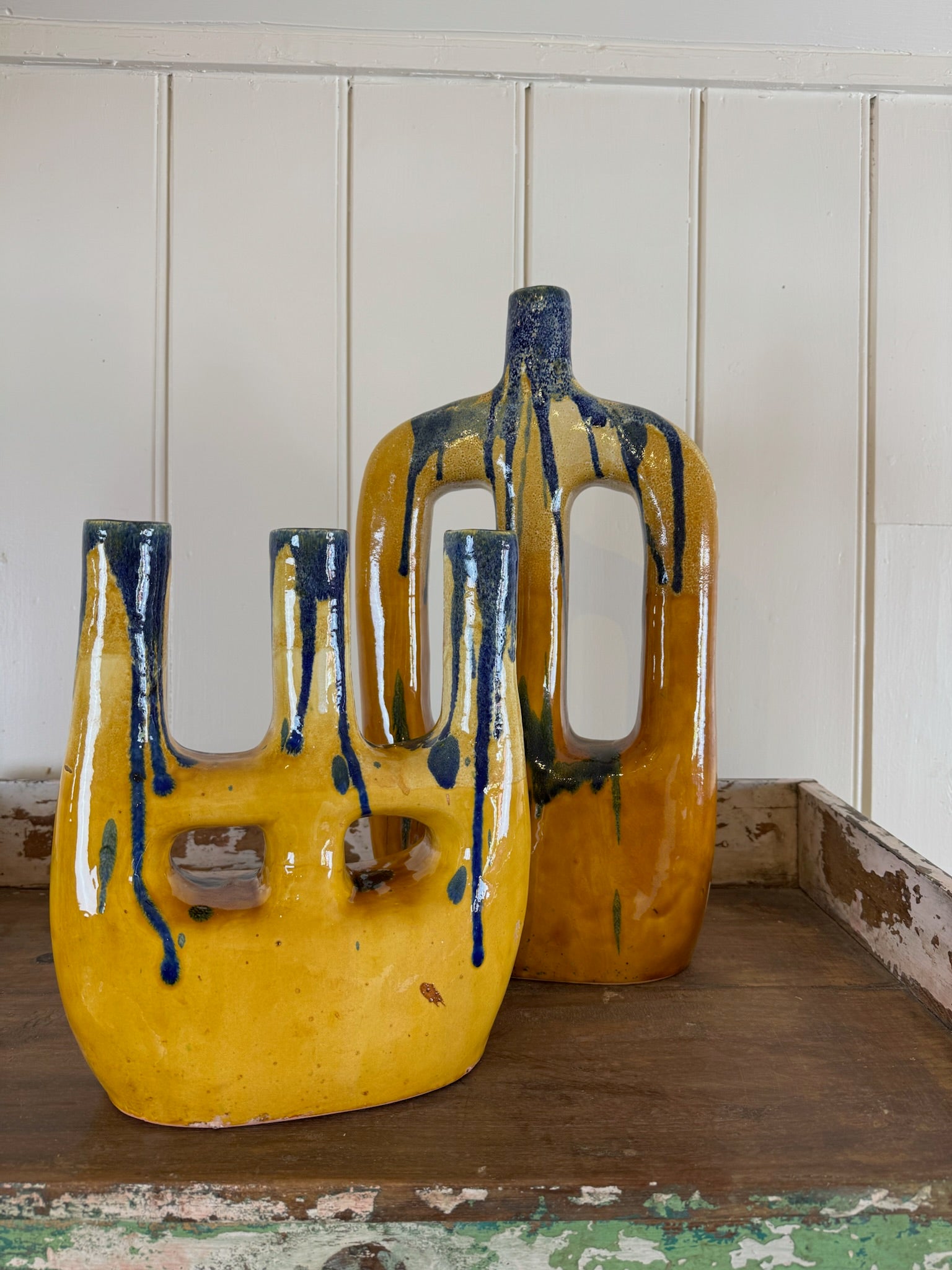 Large triple neck blue/yellow drippy vase