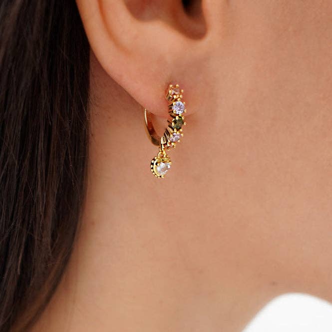 Pastel Stone Heart Charm Hoop Earrings