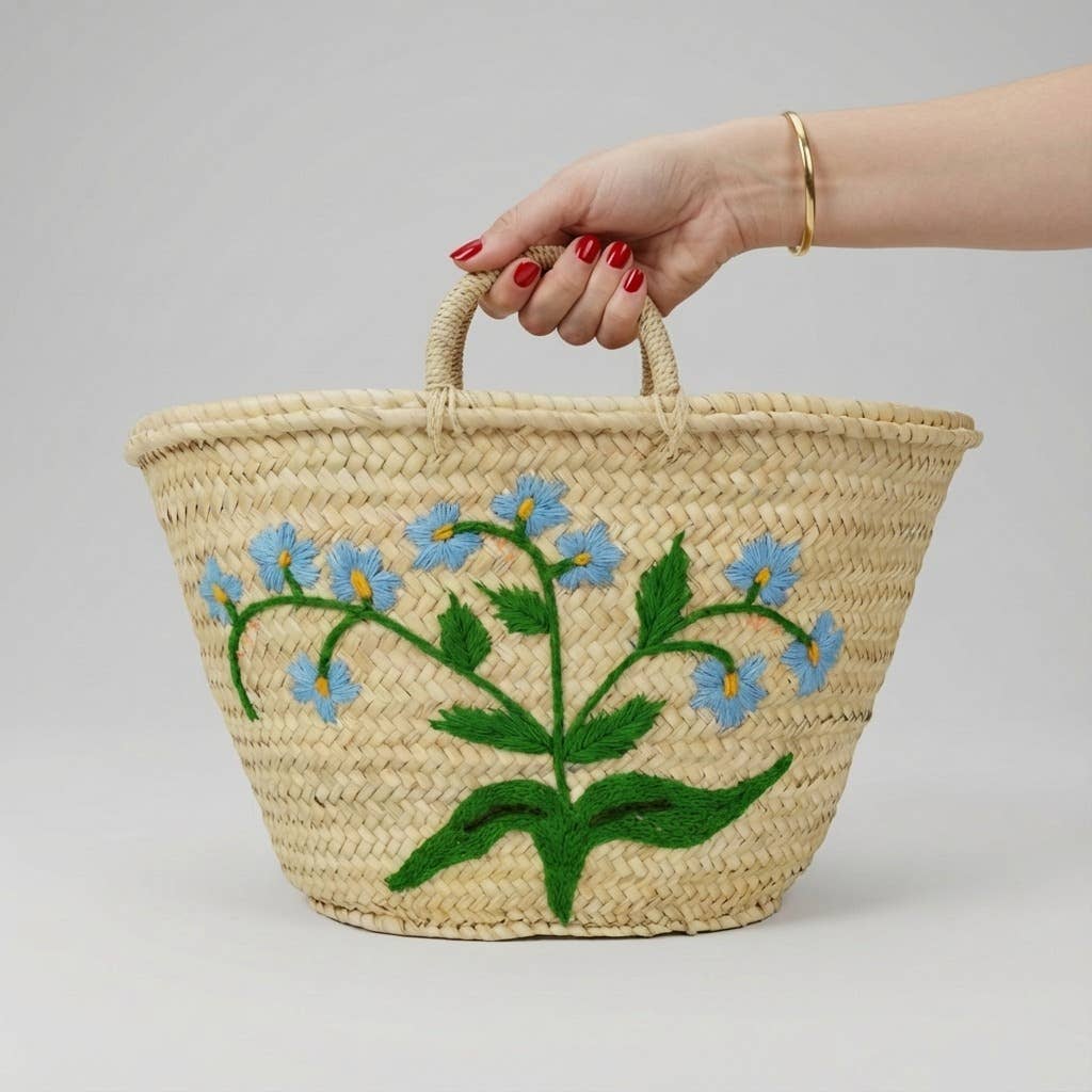 Woven Straw Blue Floral Market Basket