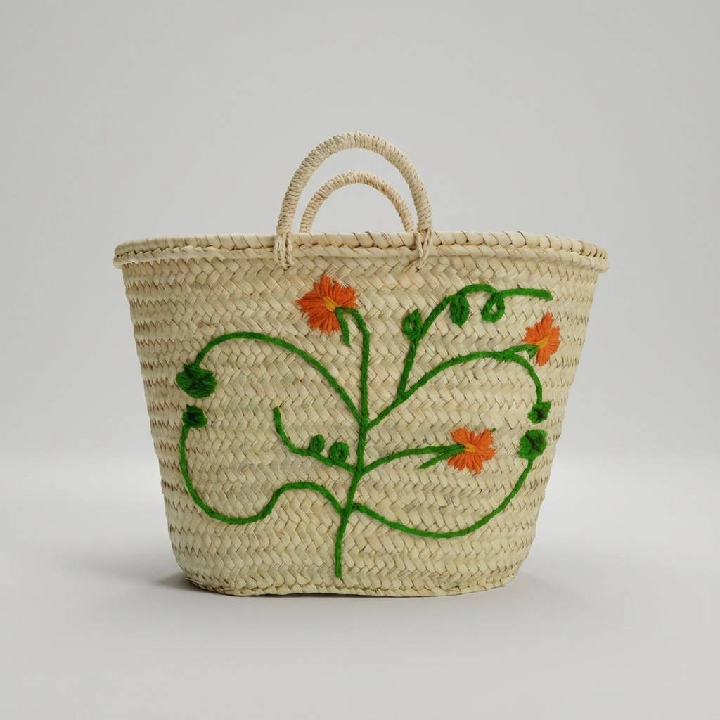 Floral Embroidered Straw Market Basket