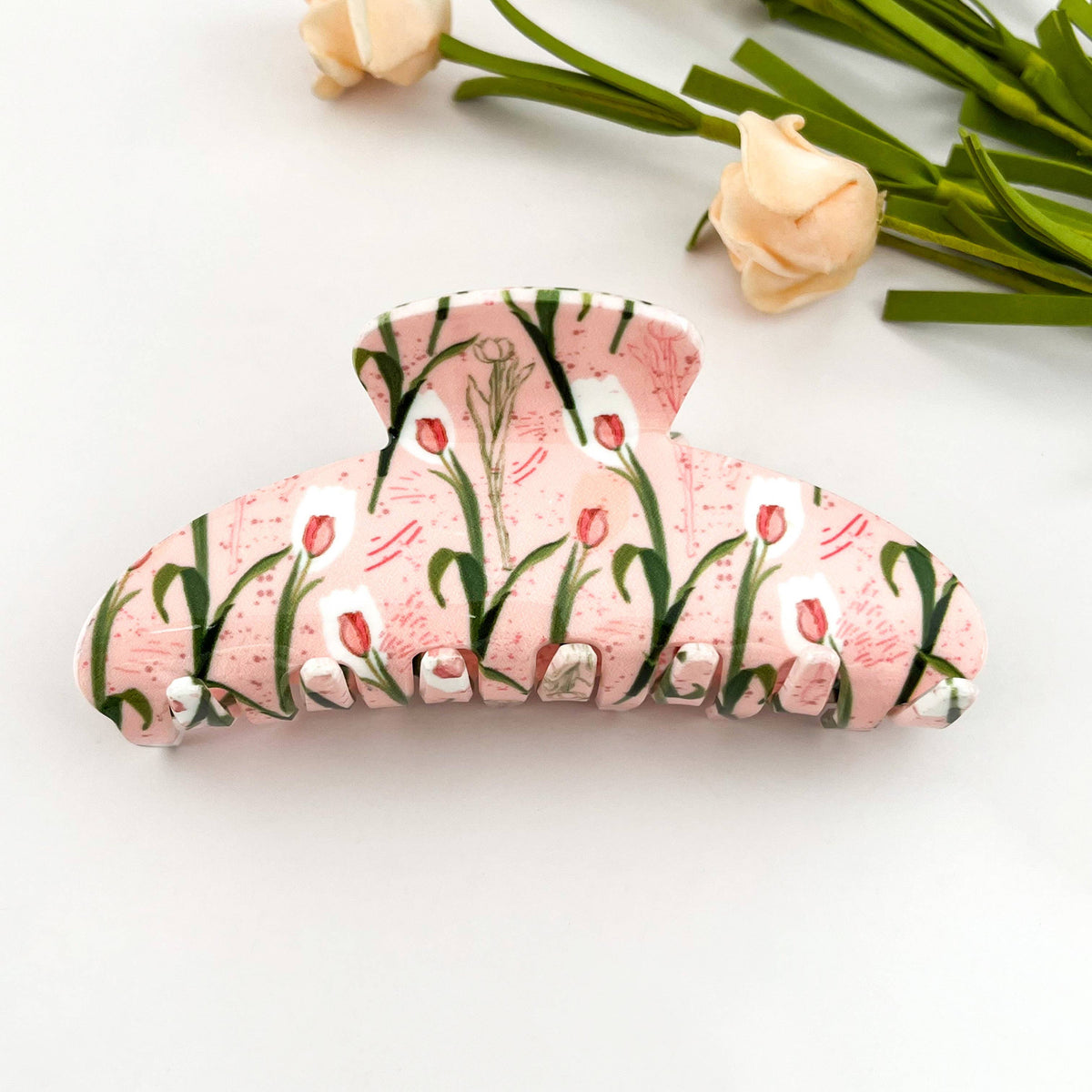 Pink Tulip Print Hair Claw Clip