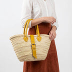 French Market Basket Leather Buckle Straw Bag