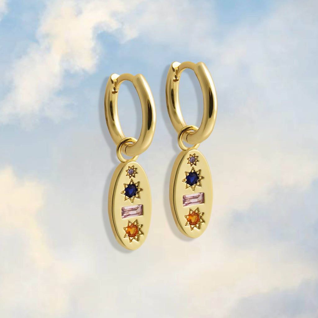 Midnight Gemstone Charm Hoop Earrings Gold