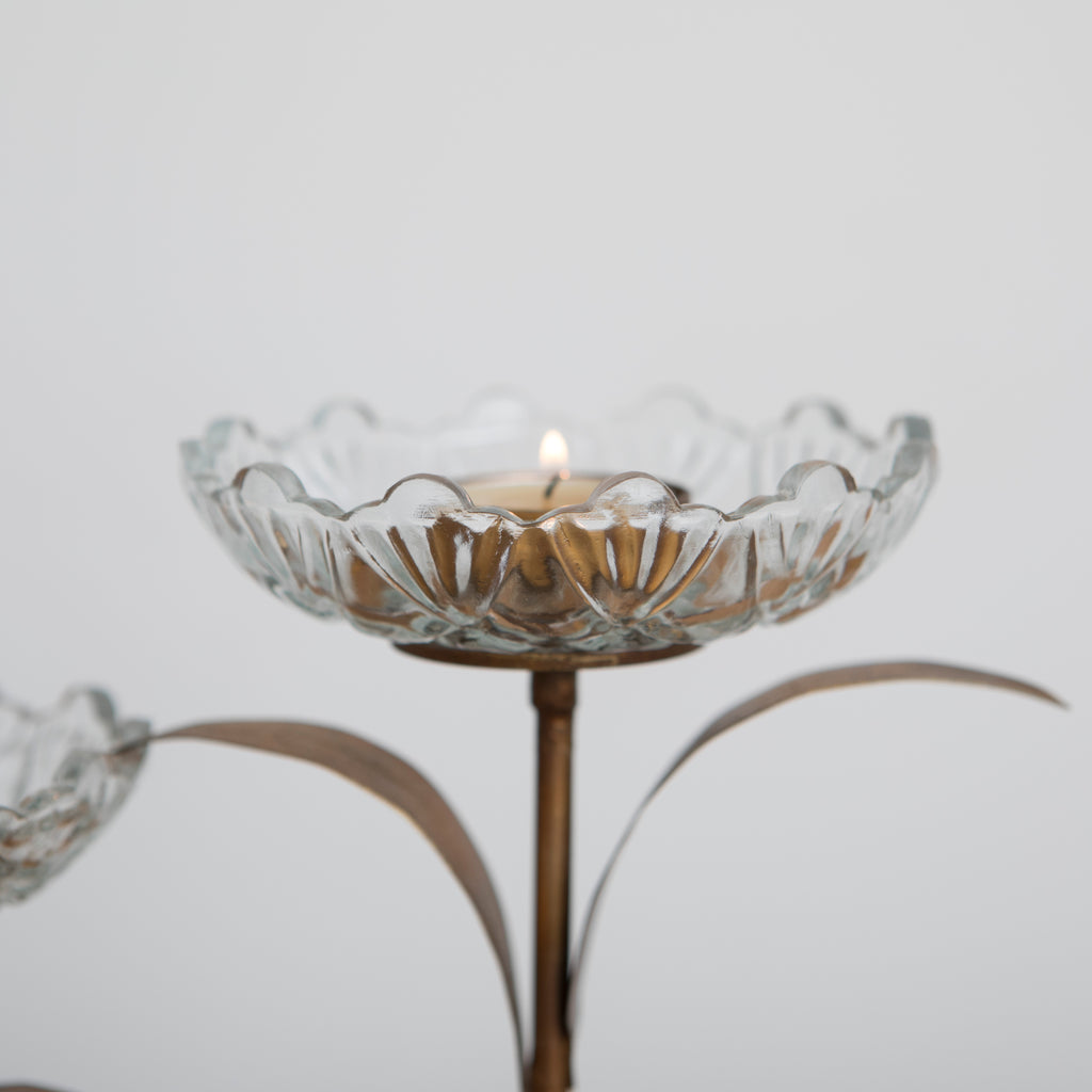 Glass Flower Double Tea-Light Candle Holder