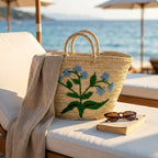 Woven Straw Blue Floral Market Basket