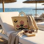 Floral Embroidered Straw Market Basket