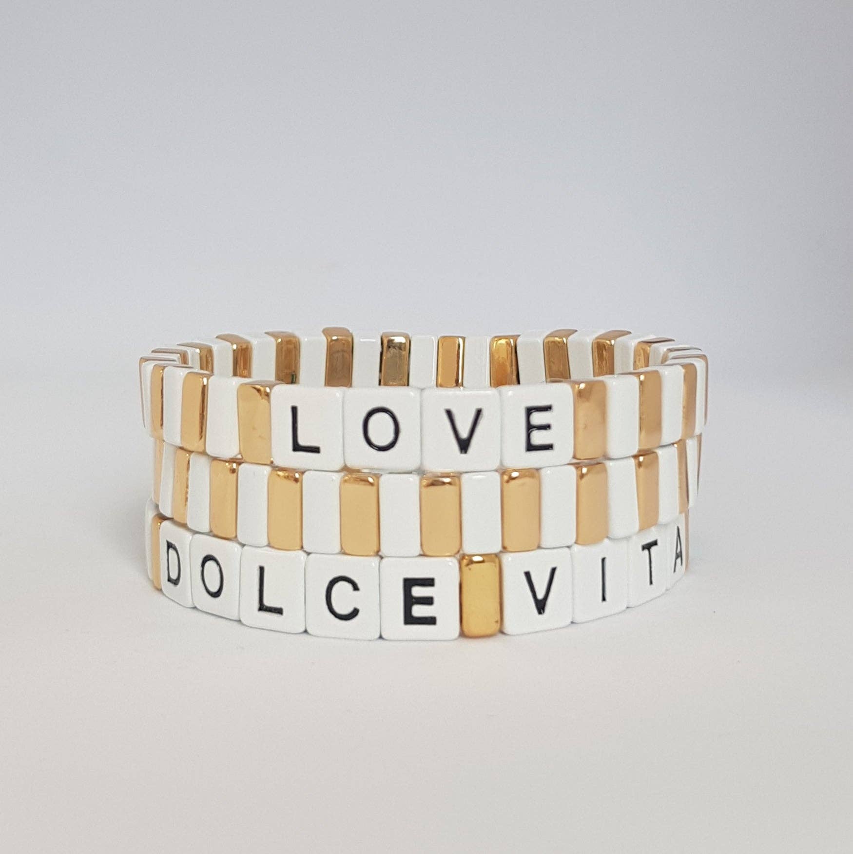 White & Gold LOVE Tile Stretch Stackable Bracelet