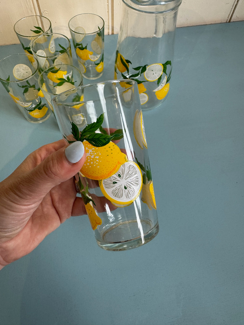 Vintage French Glass Lemon Jug W/ 6 Glasses