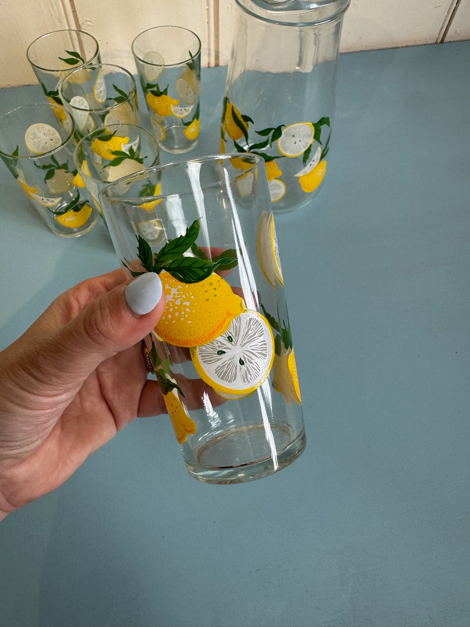 Vintage French Glass Lemon Jug W/ 6 Glasses