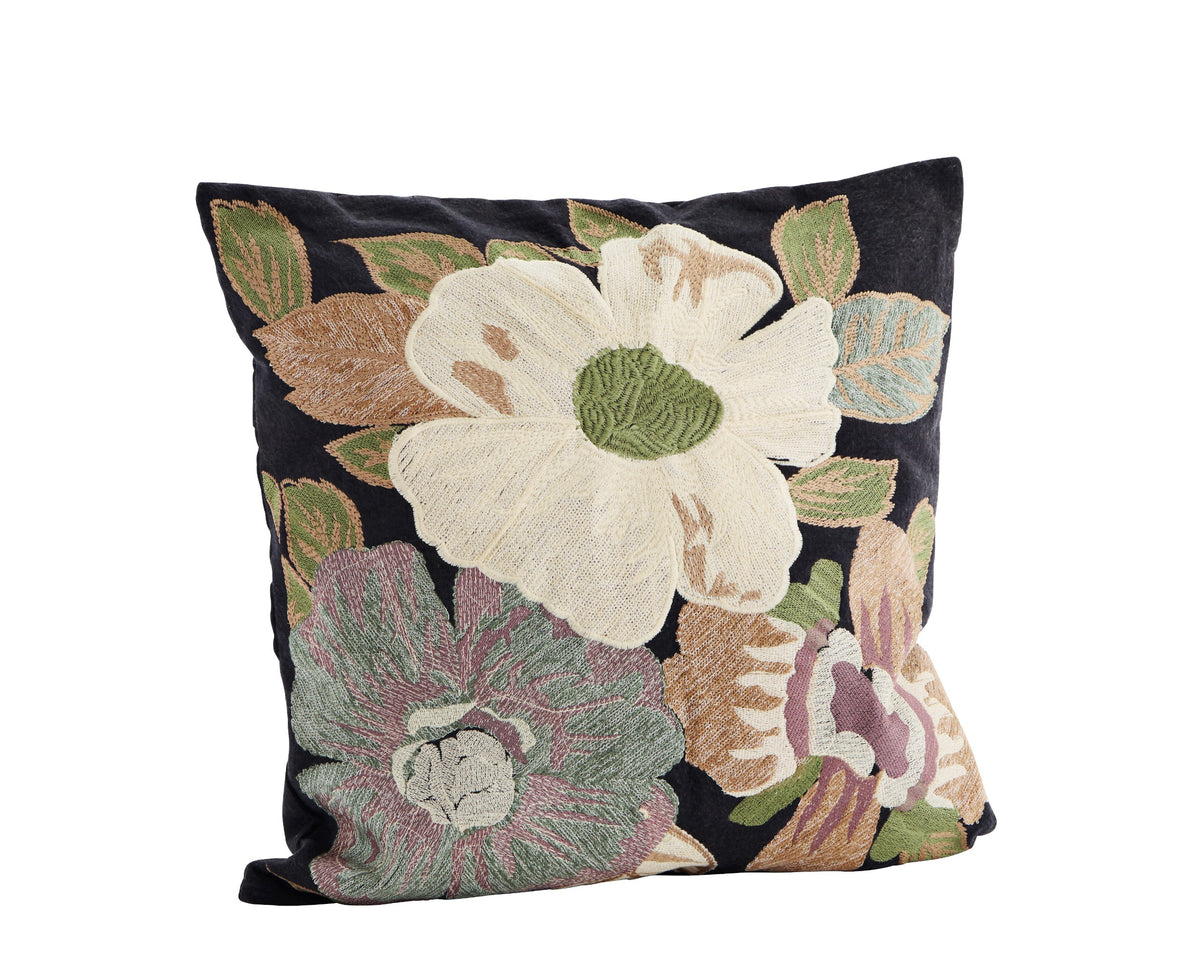 Black Flower Embroidered Cushion