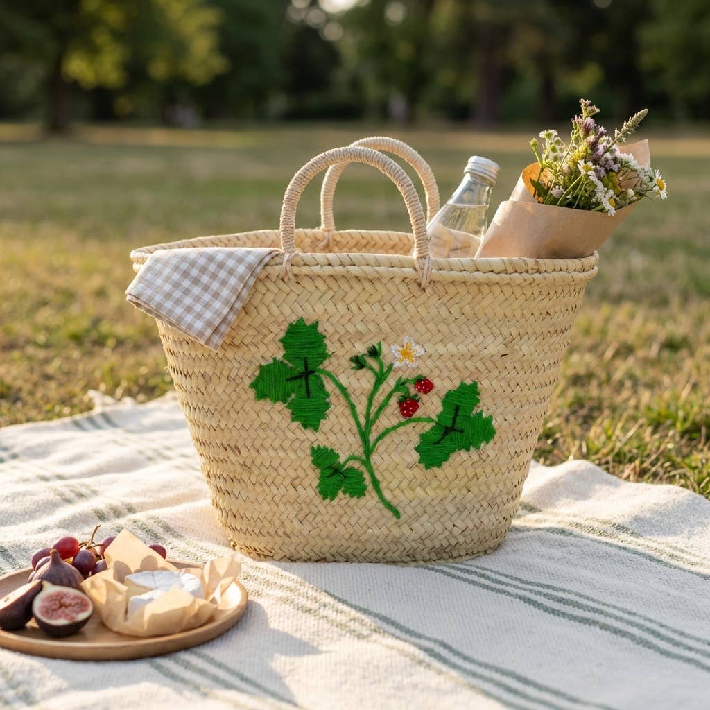 Strawberry Embroidered Market Basket