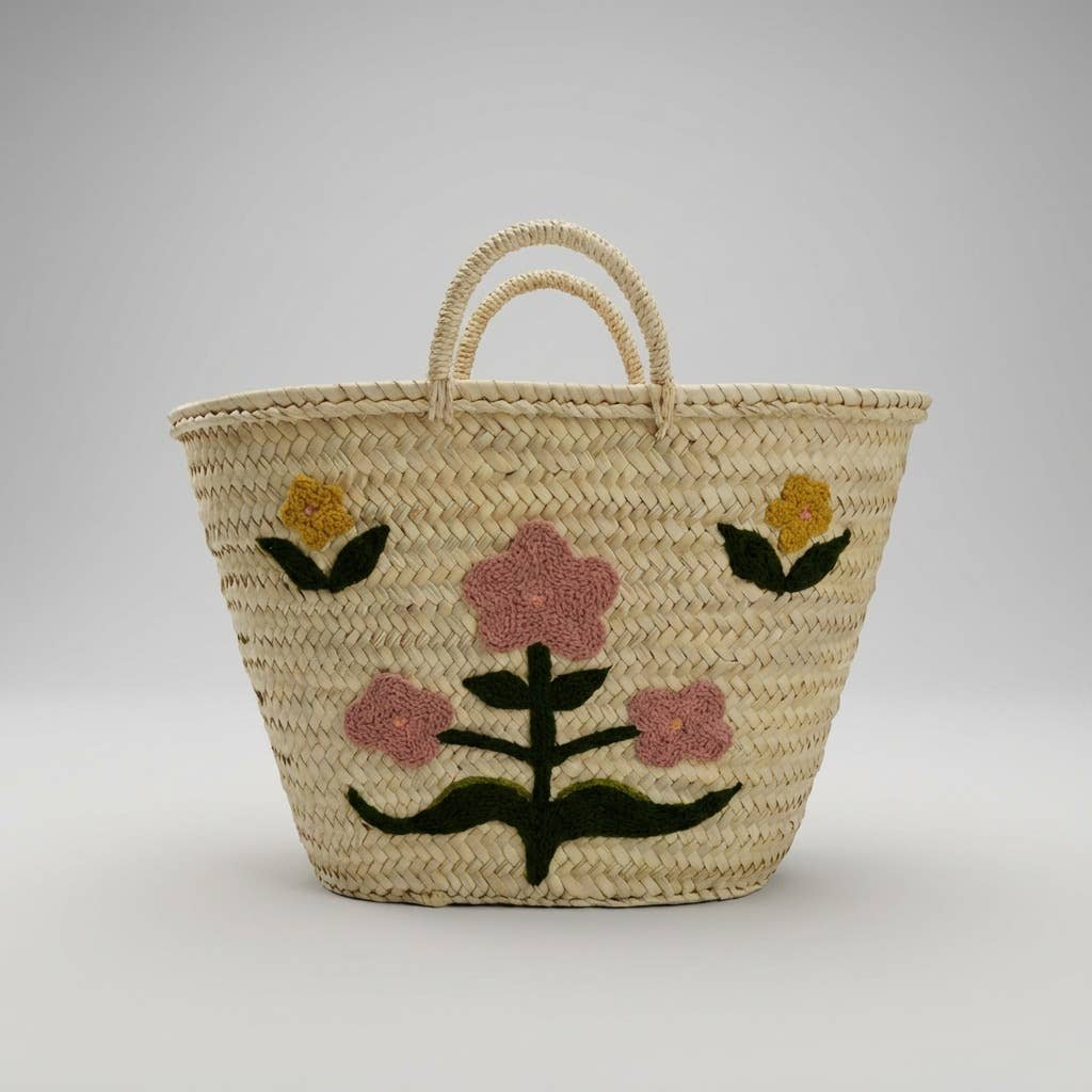 Floral Embroidered Straw Market Basket