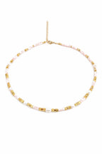 Pink Beaded Cube Gold Pearl Necklace