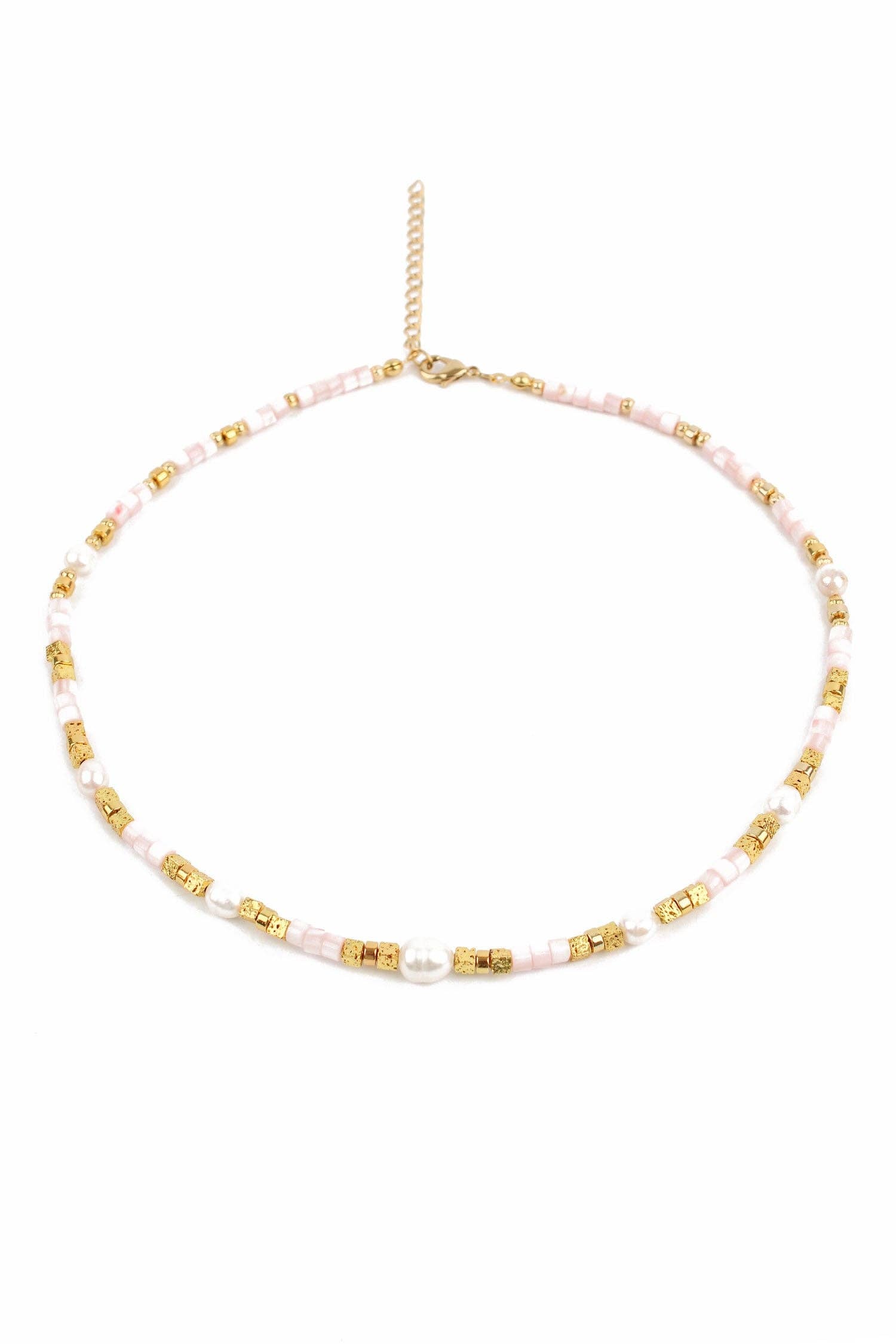 Pink Beaded Cube Gold Pearl Necklace