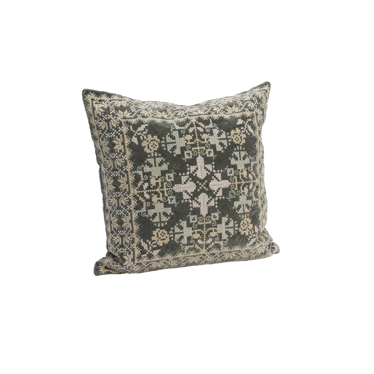 Mint Grey Embroidered Velvet Cushion
