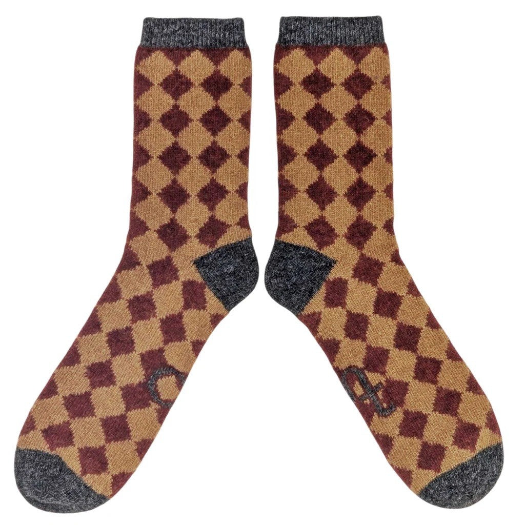 Diamonds Men's Lambswool Ankle Socks - Dark Red/Mushroom