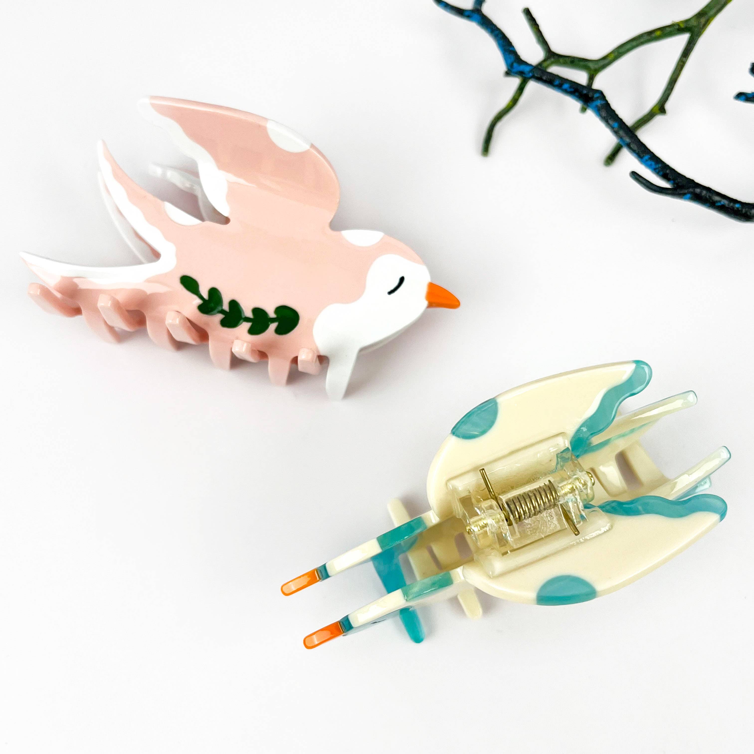 Spring Swallow & Leaf Hair Claw Clip