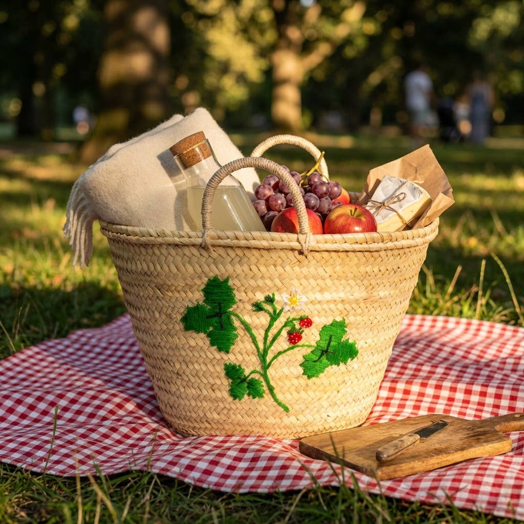 Strawberry Embroidered Market Basket