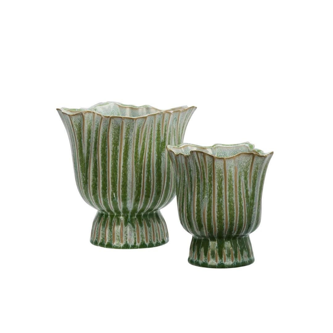 Stoneware flower pot, Green/ Beige/ White