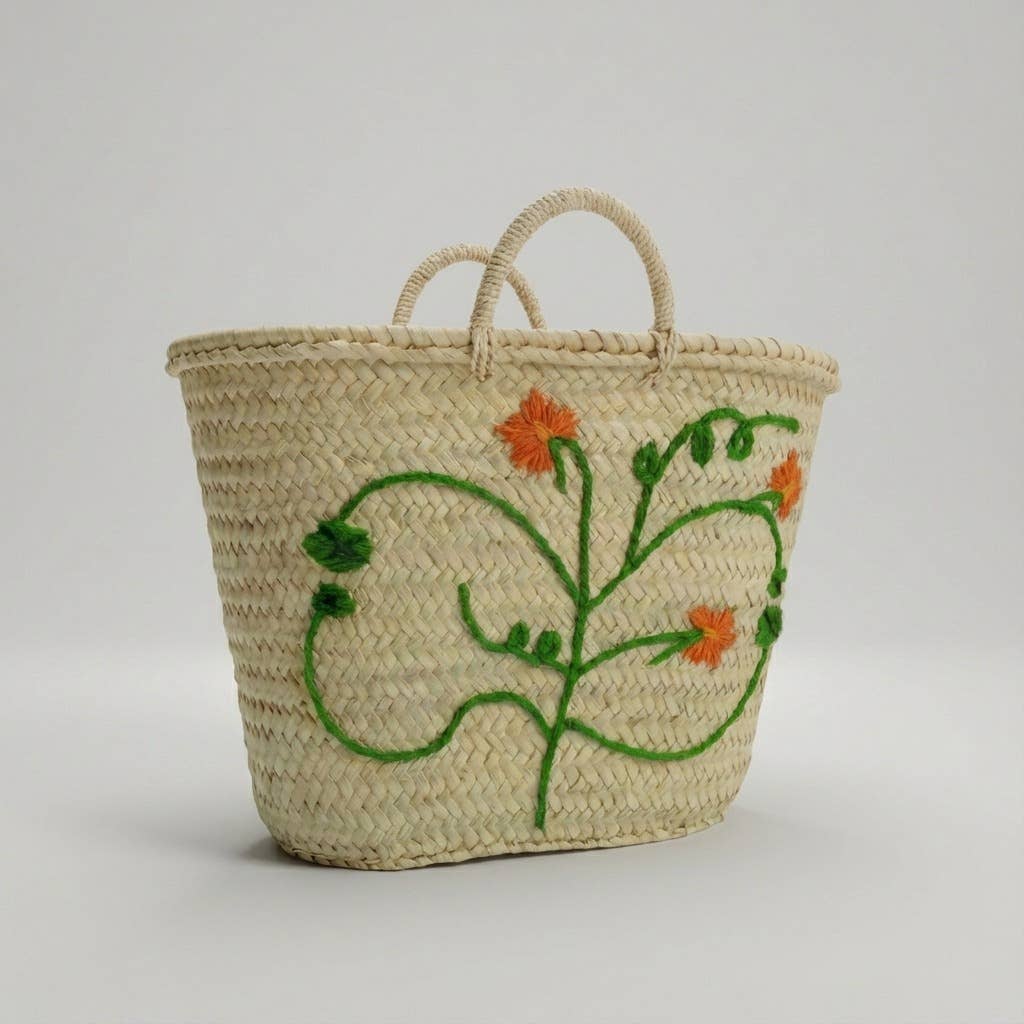 Floral Embroidered Straw Market Basket