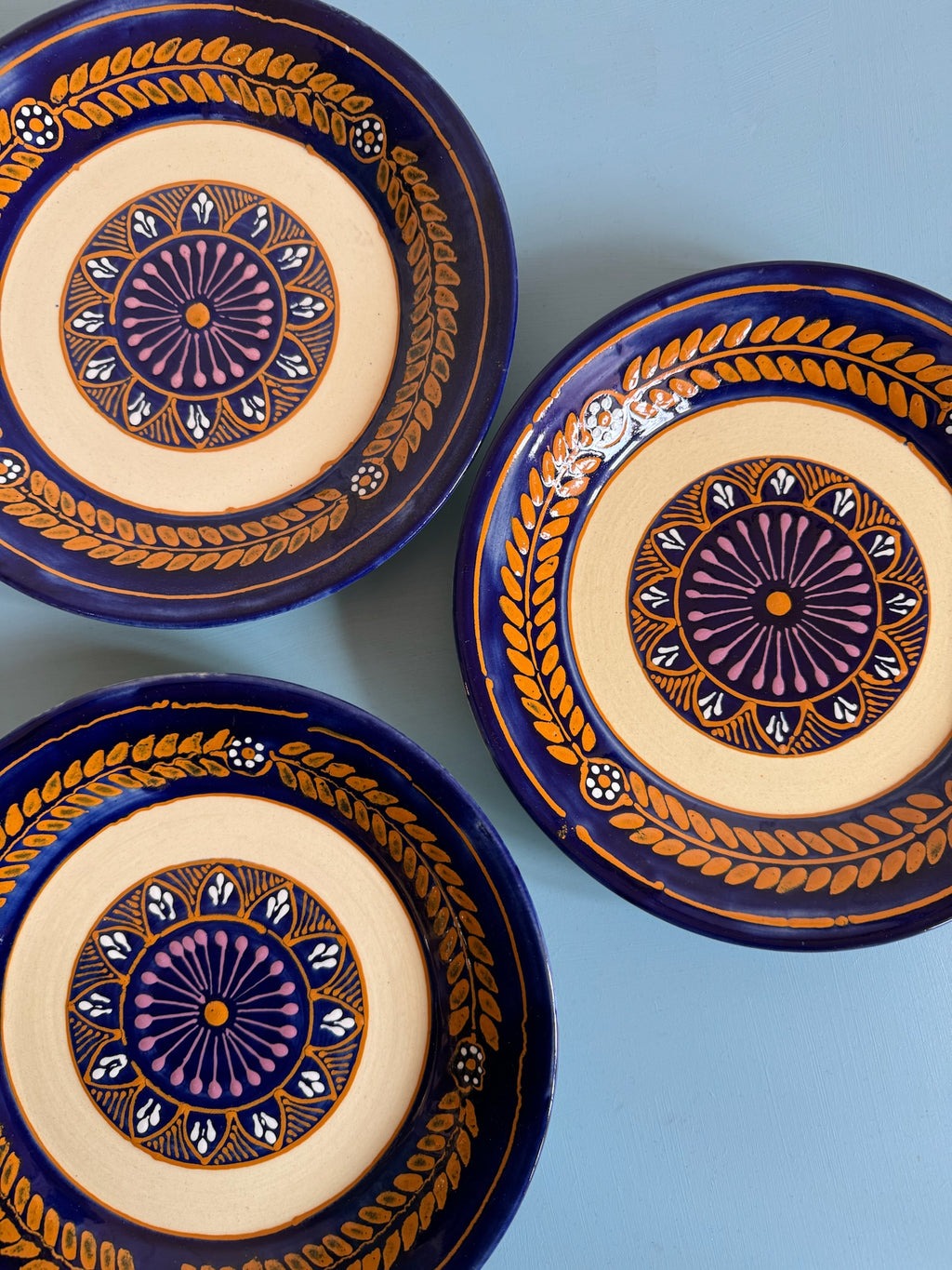 Vintage French Hand Painted Blue Plates