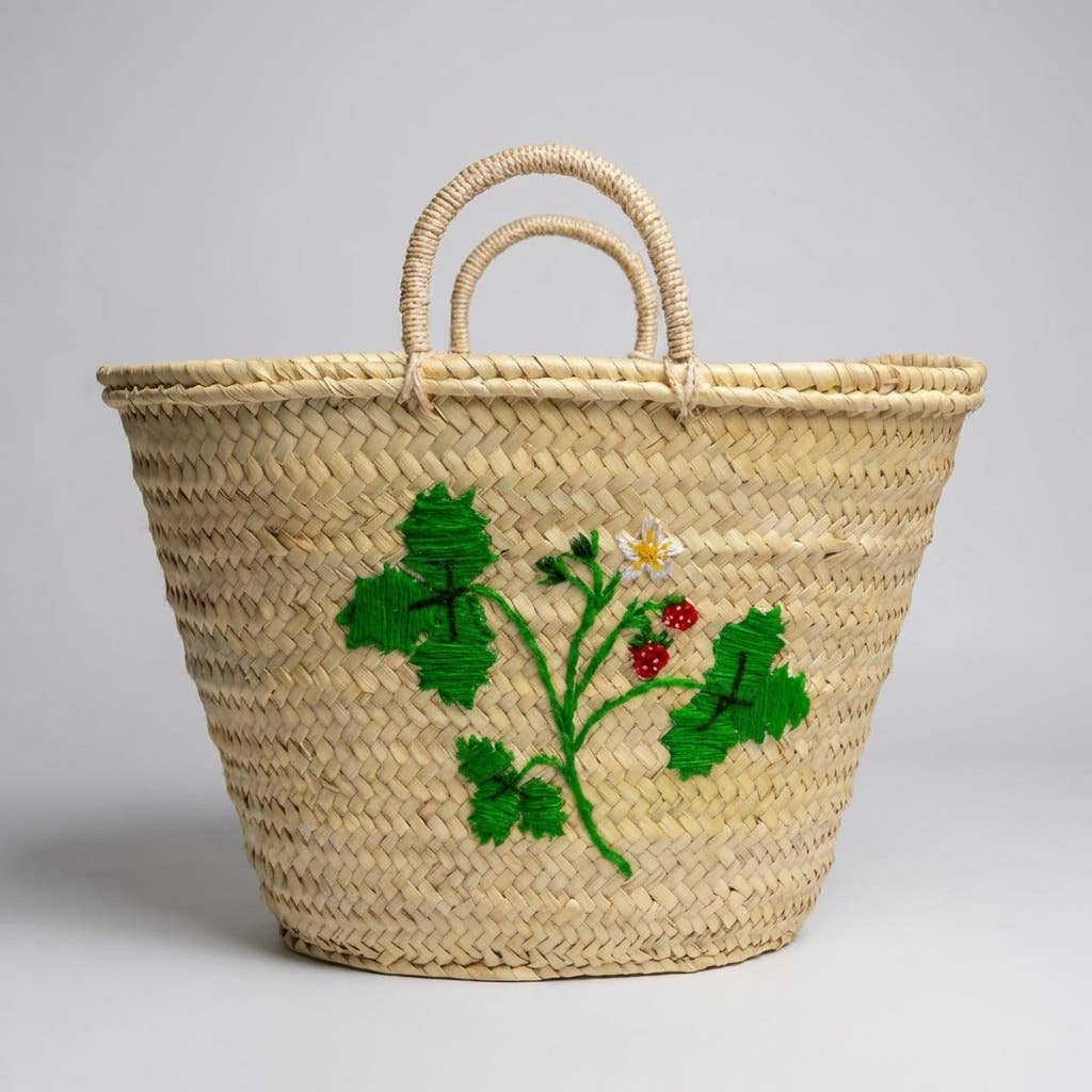 Strawberry Embroidered Market Basket