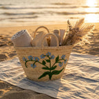 Woven Straw Blue Floral Market Basket