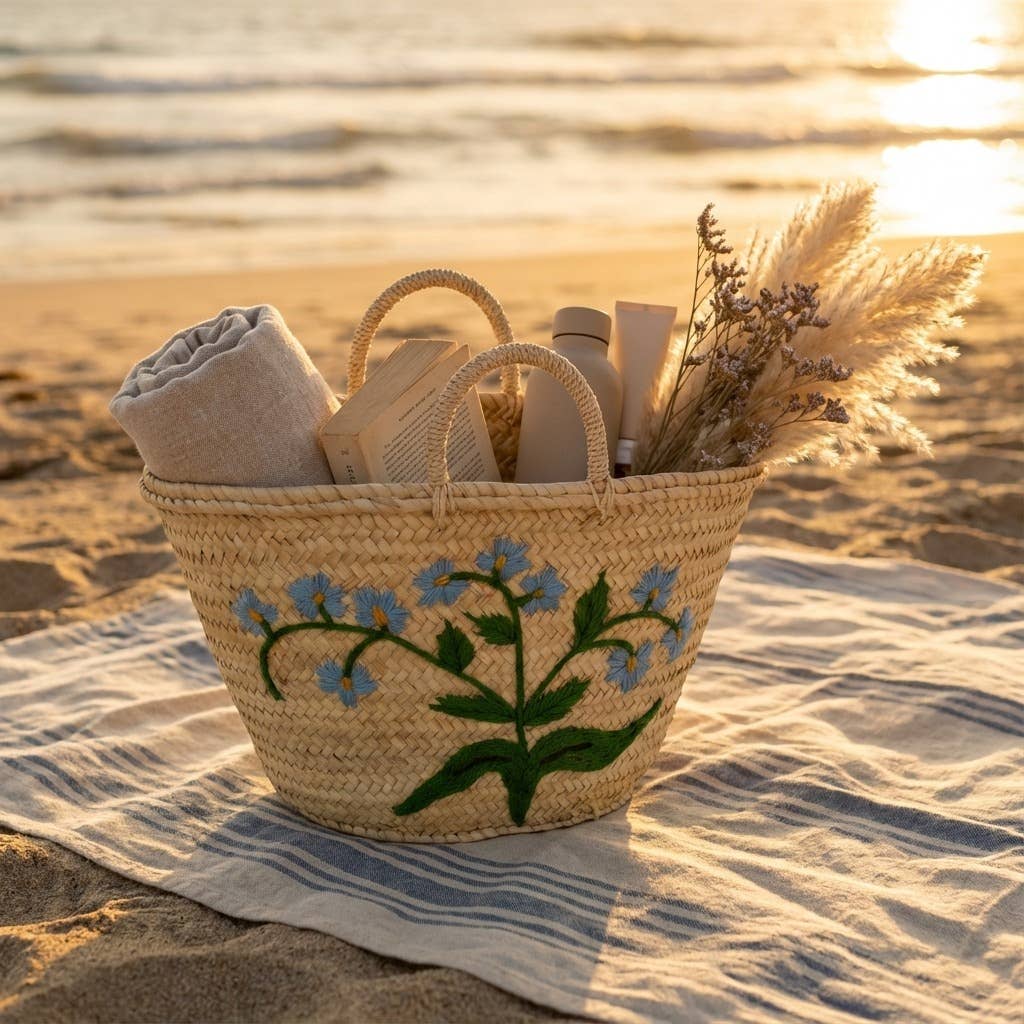 Woven Straw Blue Floral Market Basket
