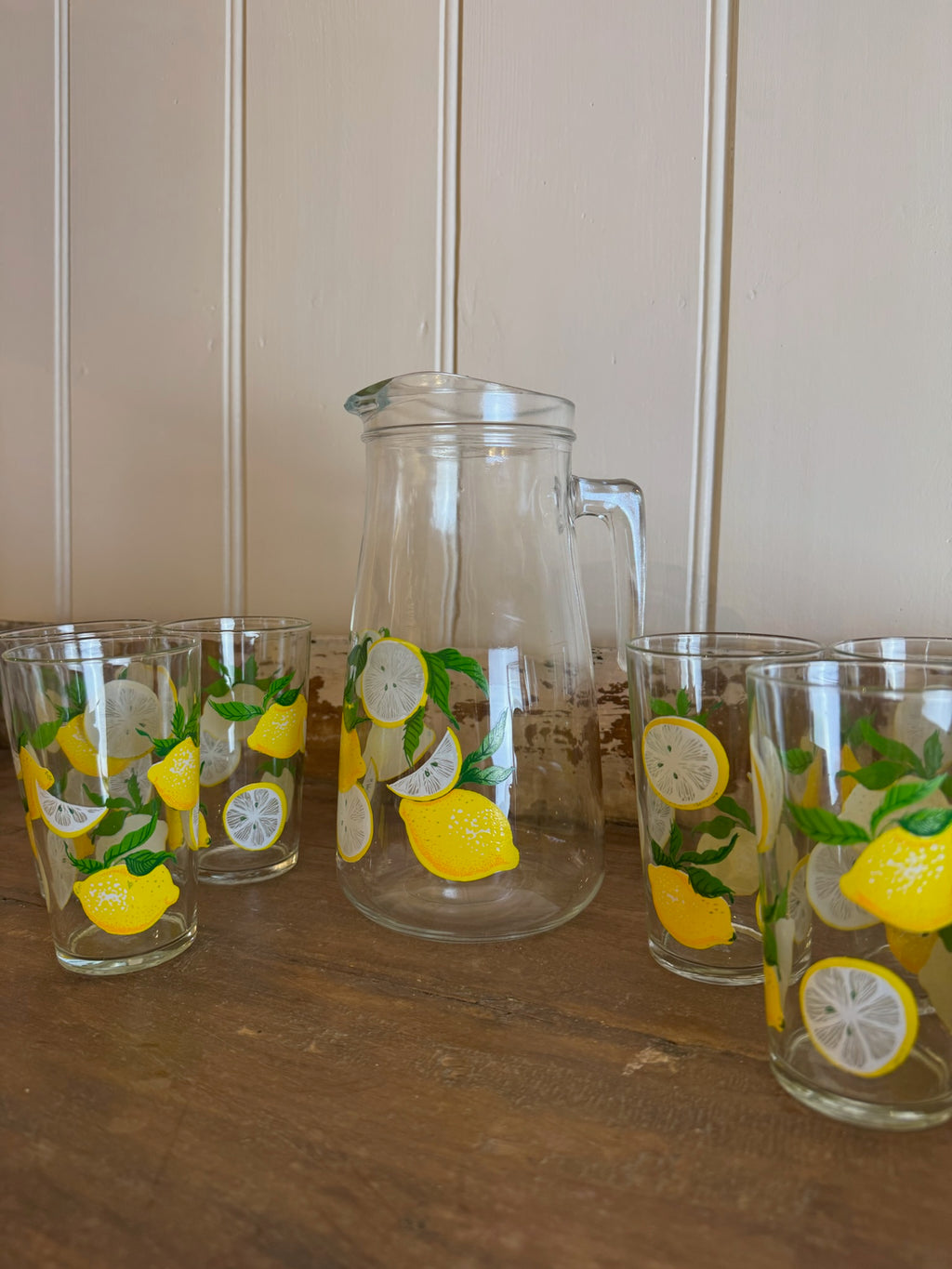 Vintage French Glass Lemon Jug W/ 6 Glasses