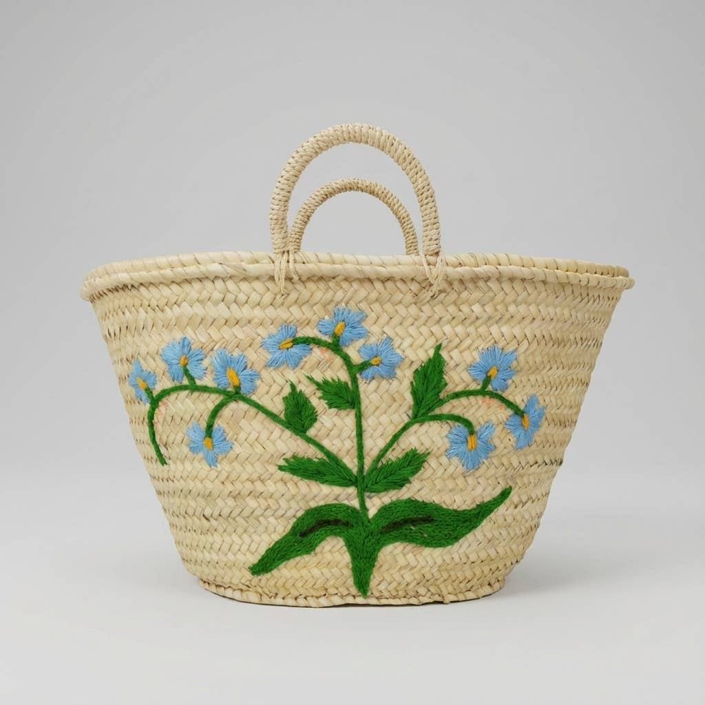 Woven Straw Blue Floral Market Basket