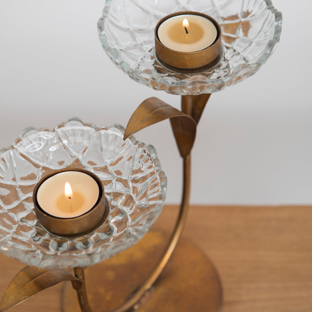 Glass Flower Double Tea-Light Candle Holder