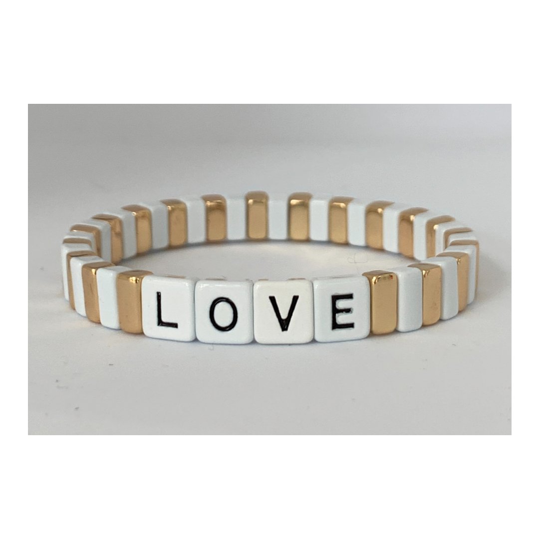 White & Gold LOVE Tile Stretch Stackable Bracelet
