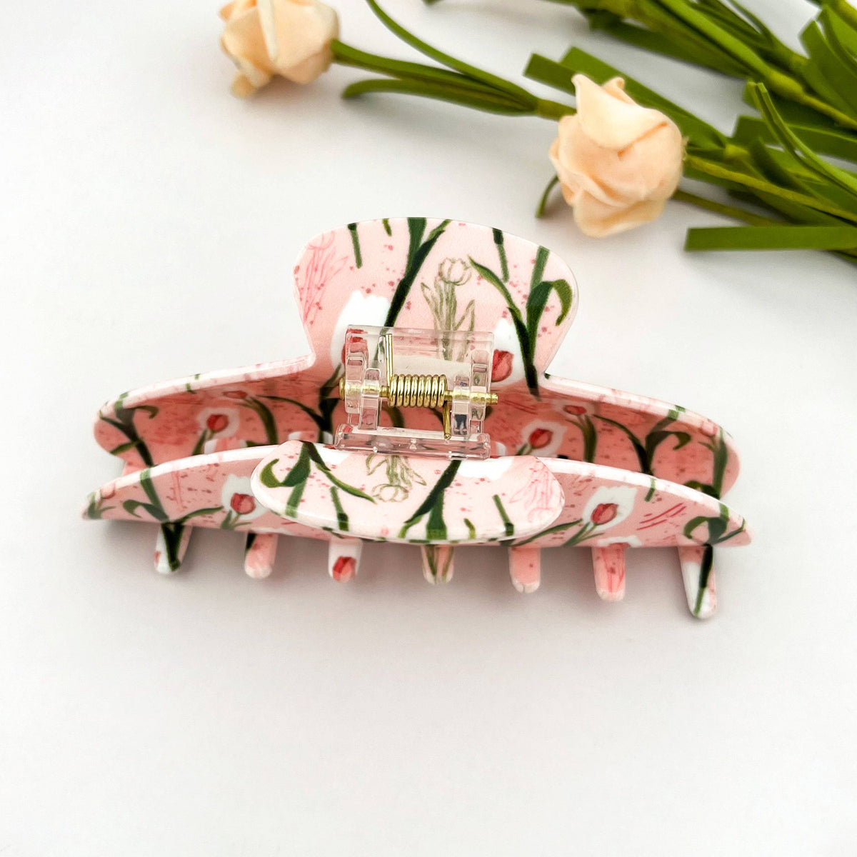 Pink Tulip Print Hair Claw Clip