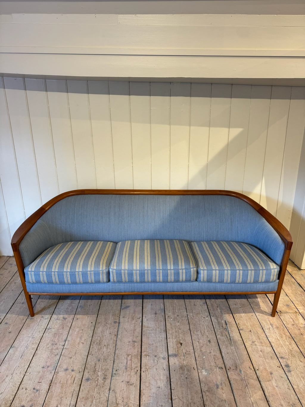Vintage Swedish Powder Blue Sofa with Striped Cushions
