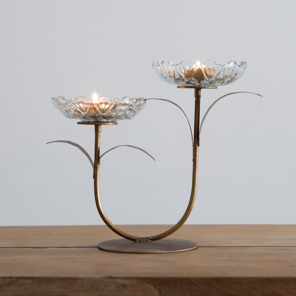Glass Flower Double Tea-Light Candle Holder