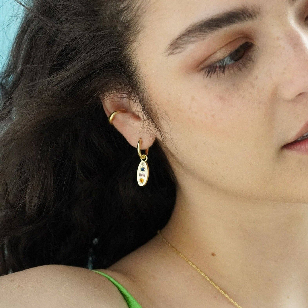 Midnight Gemstone Charm Hoop Earrings Gold
