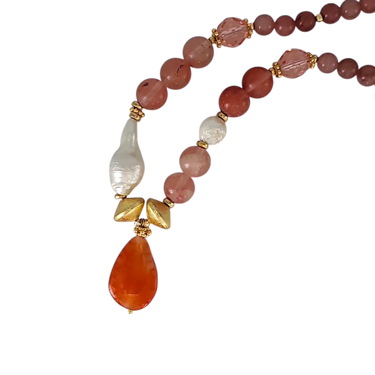 Rose Quartz & Pearl Teardrop Pendant Necklace